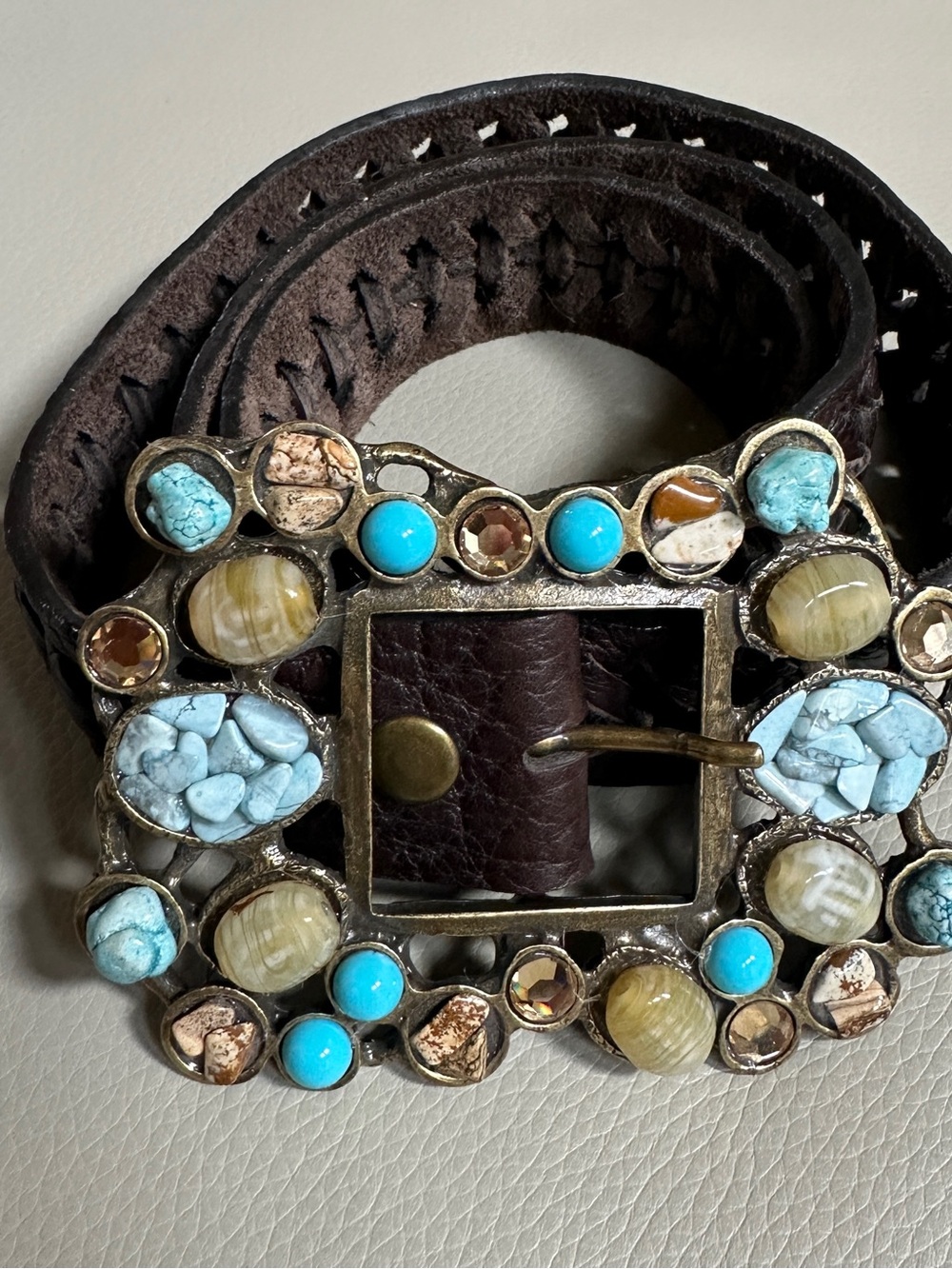 Leatherock USA Western Turquoise Gem Stone Black Leather Belt Women’s One Size